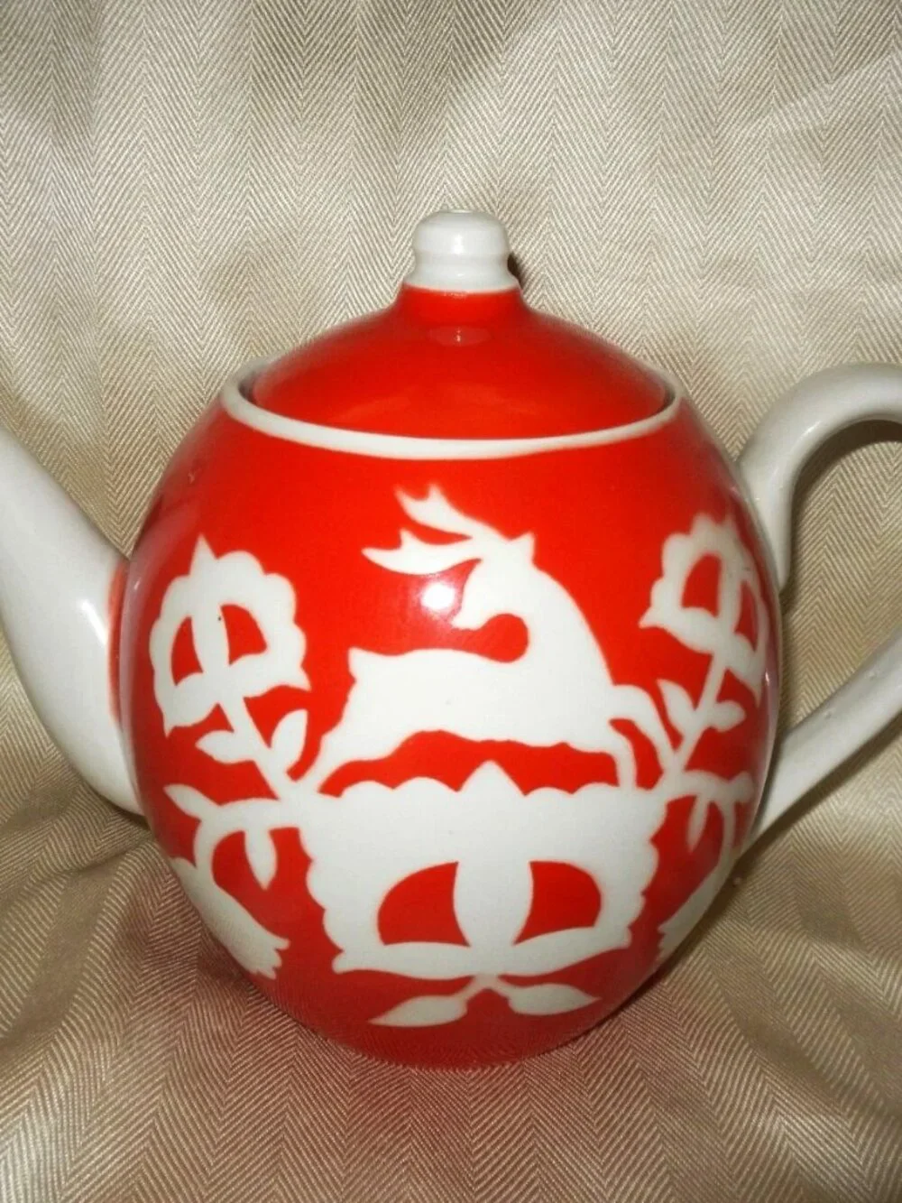 Vintage Soviet USSR Porcelain Teapot Red & White Deer Pattern